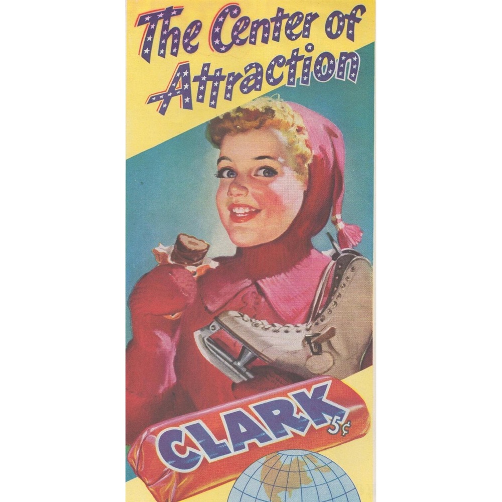 Vintage 1947 Clark Candy Bar Print Ad Woman Ice Skates 1940s Winter Retro Decor